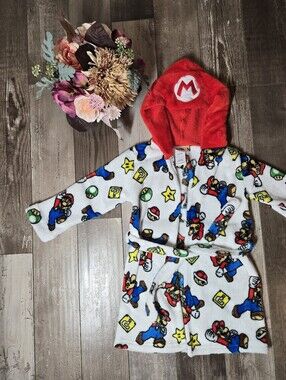 Super Mario Boys Hooded Plush Robe – Red & White – Size 4